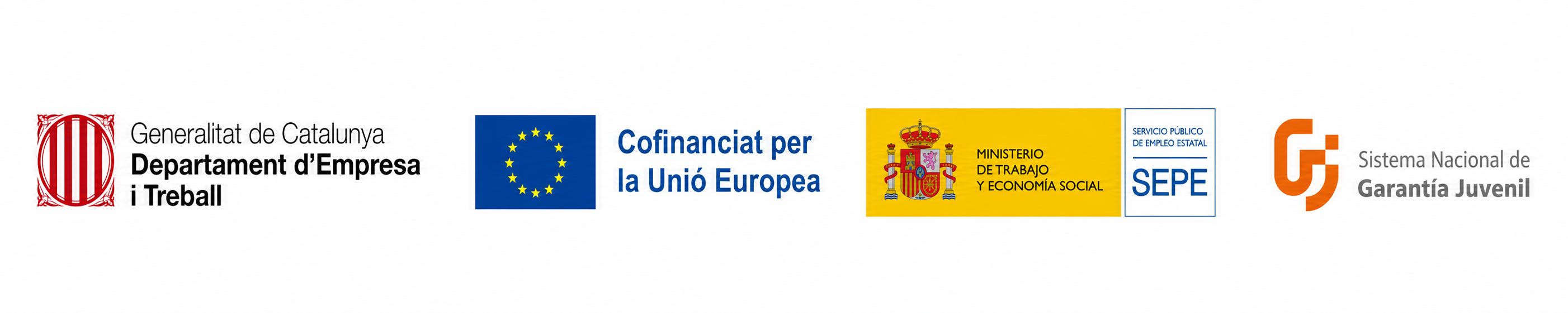 Logos institucionales Generalitat de Catalunya, Unión Europea, Ministerio de Trabajo, SEPE y Garantía Juvenil